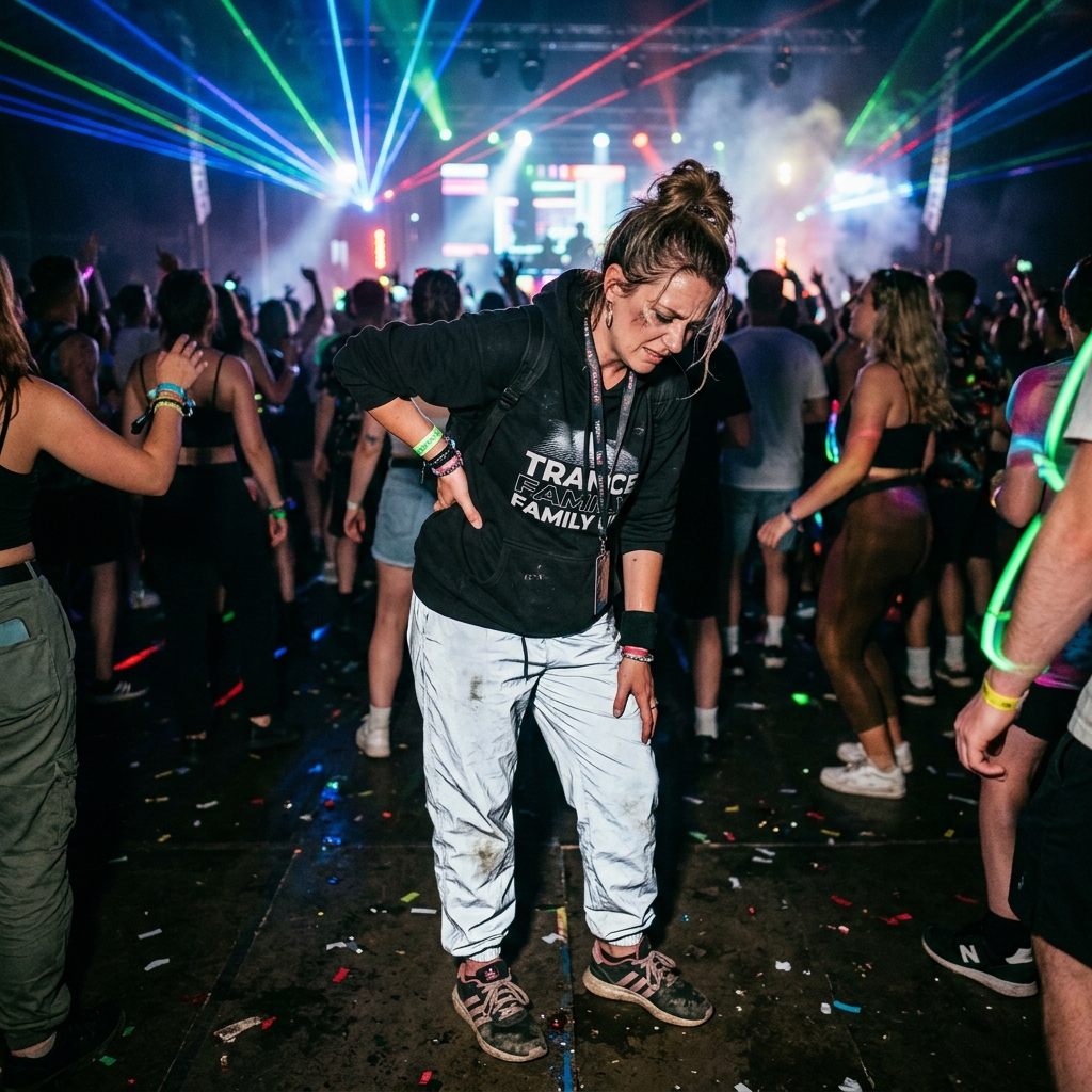 A mid-30's female raver, holding her back with sore feet, in front of a DJ booth with bright lasers and lights