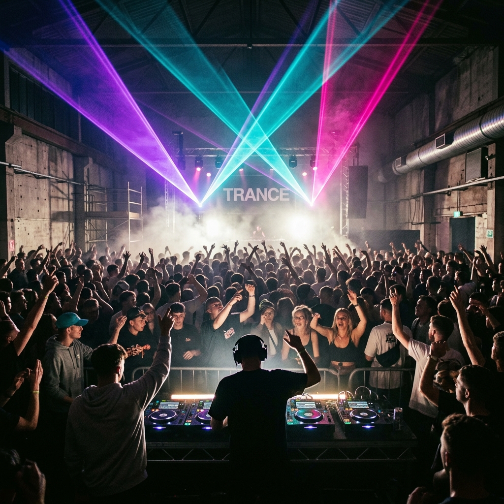 UK rave crowd with hands in the air under trance laser lights in a warehouse