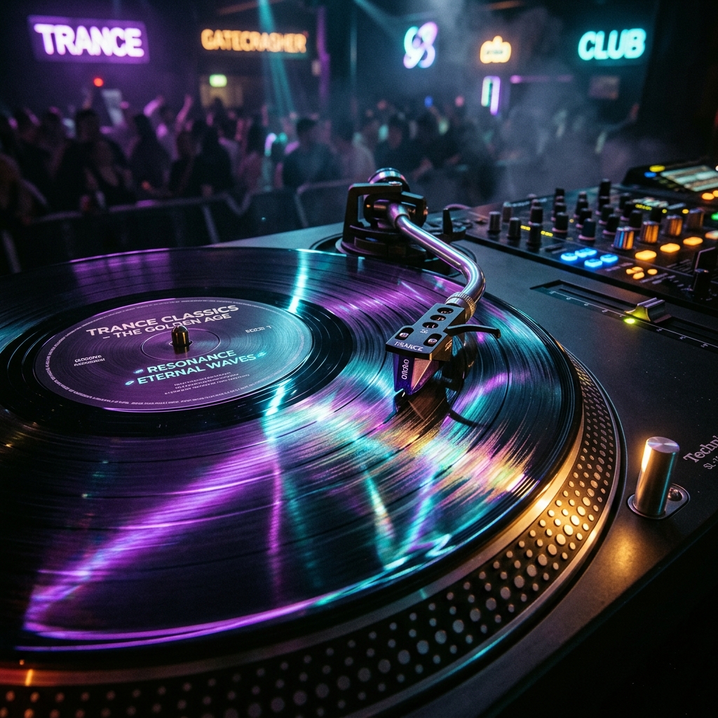 Spinning vinyl record on turntable with club lasers reflecting on the grooves