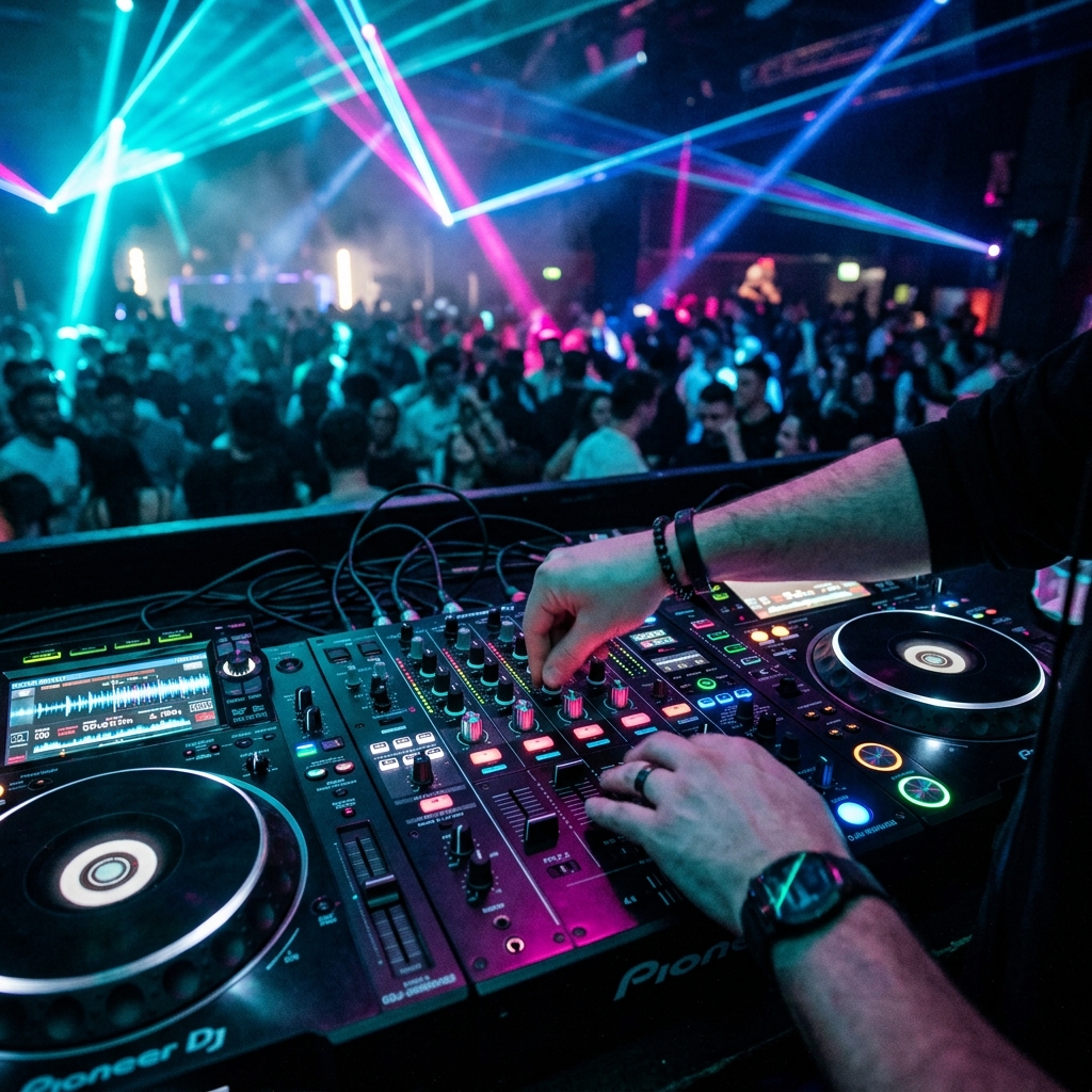 Close-up of CDJ decks glowing under club lasers