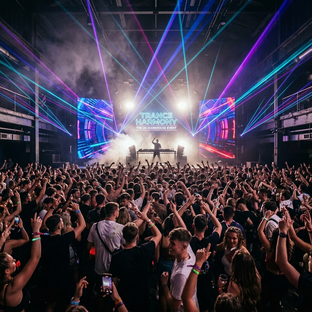 Indoor UK trance event with laser lights and crowd with hands raised