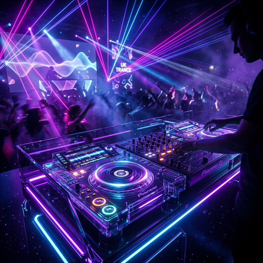 Rave crowd under intense blue and pink laser lights with hands up