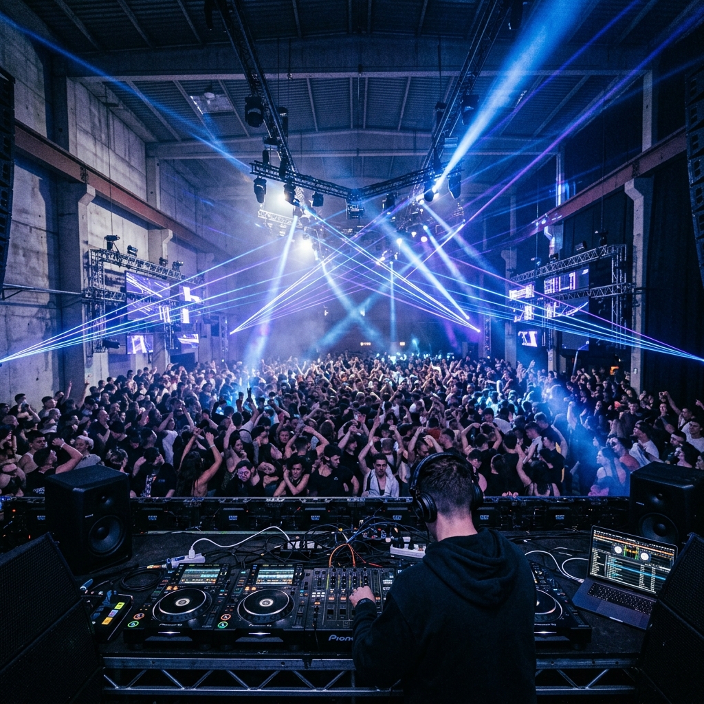 Laser lights casting green patterns over a crowd of ravers with hands up